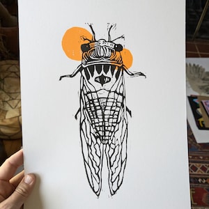 Cicada with Suns original handmade linocut print on paper linoleum carved print on paper