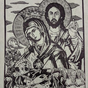 Christ Gifts Mary a Chihuahua Handmade Woodcut Print original carved wood block print on paper
