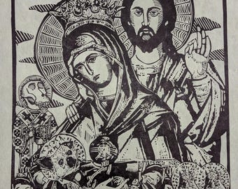 Christ Gifts Mary a Chihuahua Handmade Woodcut Print original carved wood block print on paper
