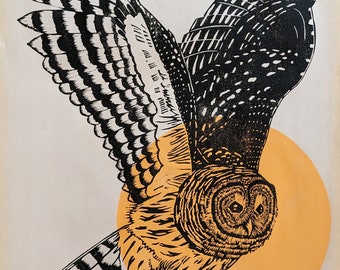 Barred owl original handmade linocut print linoleum block print