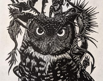 Owl & Demons Linocut Print, Gothic Fantasy Art, Dark Surreal Home Decor