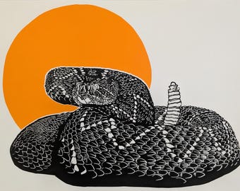 Eastern Diamondback Rattlesnake handmade linocut two-color print