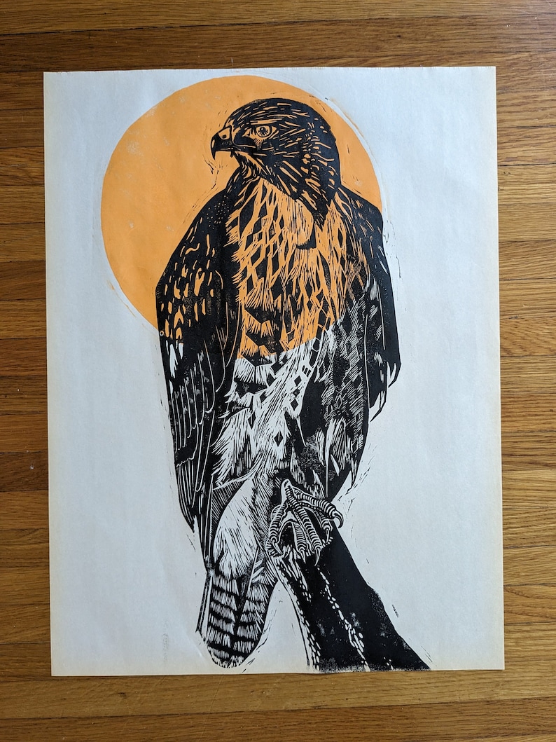 Hawk Rip Print Red Tailed Hawk Original Handmade Large Linocut Print Linoleum Carved ...