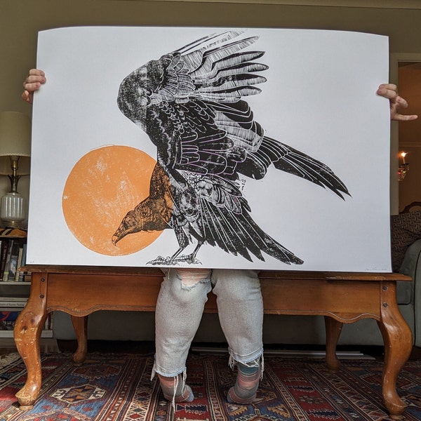 Turkey Vulture original linocut print handmade linoleum print