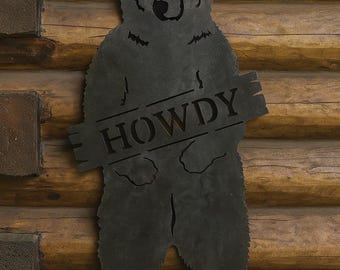 Rustic Bear 'Howdy' Metal Sign | Cabin Lodge Decor