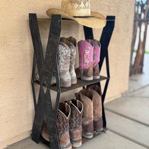 Custom Metal Boot Rack – Handmade Rustic Shelf for Western Boots, Hats and More – Collapsible & Built to Order