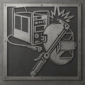 Puede incluir: Arte mural de metal que representa el equipo de un soldador. El diseño incluye una máquina de soldar, un casco de soldadura y una antorcha de soldadura, todo en un estilo industrial detallado. La obra de arte está enmarcada con un borde cuadrado.