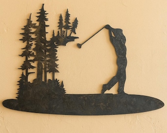 Arte de pared de metal con escena de golf rústica/Decoración de cabaña, regalo para golfistas