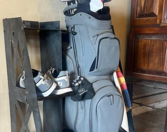 Soporte rústico de acero para bolsas de golf: organizador de almacenamiento para garaje, decoración para la sala de juegos.