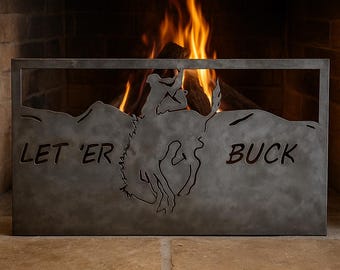 Mampara para chimenea Let 'Er Buck: arte rústico de metal vaquero, hecha a mano