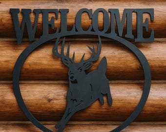 Letrero rústico de bienvenida con ciervos - Decoración metálica para cabaña, arte mural para refugio de caza
