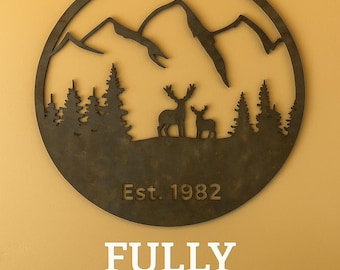 Arte de pared metálico personalizable con escena de ciervos / Decoración para cabaña de montaña