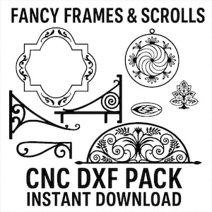 Puede incluir: Paquete CNC DXF en blanco y negro con marcos elegantes, pergaminos y elementos decorativos. Incluye una variedad de diseños, como un adorno circular, soportes y un diseño semicircular decorativo. El texto dice "FANCY FRAMES & SCROLLS" y "CNC DXF PACK INSTANT DOWNLOAD."