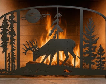 Rustiek haardscherm met hert – metaalkunst Buck & Pine Tree, interieurdecoratie