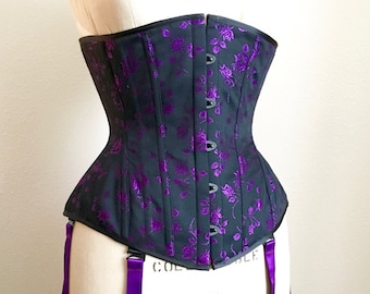 PUIMOND PY03 Purple Roses Coutil Brocade Tightlacing Underbust Corset Size 22 NEW In-stock