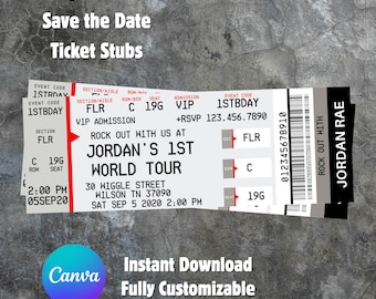 May include: A stack of event tickets with the text "Party Invitation," "Save the Date," and "Ticket Stubs." The tickets are for "Jordan's 1st World Tour" and include event details like the date, time, and location.