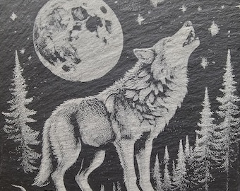 Black Slate Coasters Set of 4 – Engraved Wolf Design, Rustic Wildlife Drink Coasters