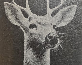Black Slate Coasters Set of 4 – Engraved Deer Design, Rustic Wildlife Drink Coasters