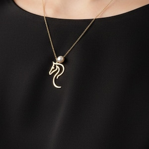 14k Vergoldete Pferdehalskette mit Perle, Pferdehalskette für Frau, Pferd, nettes Geschenk-Halskette, perfektes Geschenk für Weihnachten, zierliche Halskette