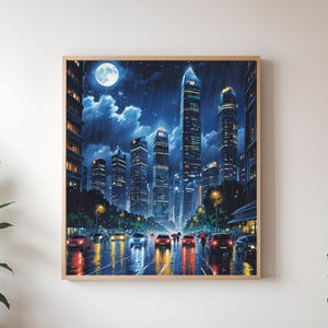 Rainy City Night Wall Art Printable Urban Skyline Digital Download Cityscape Neon Lights Night Decor