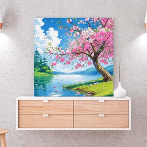 Cherry Blossom Canvas Print - Peaceful lake Landscape Wall Art Pink Tree Home Decor