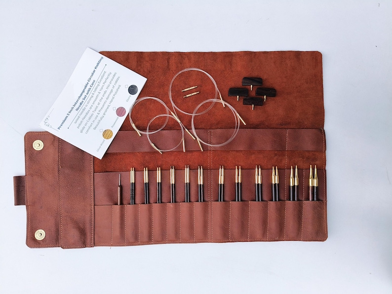 Rosewood Interchangeable Knitting Needles Set: 5" Tips, Swivel Cord Genuine Leather Case. image 1