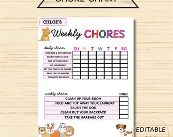 Chore Chart, Printable Editable Daily & Weekly Kids Chore Responsibility Chart, Instant Download, Kids Routine Chart, Digital Download