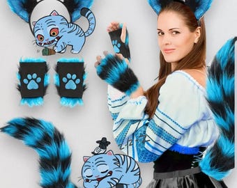 Disfraz de Kpop Demon Hunters Derpy Tiger, orejas peludas, cola, guantes con forma de pata, traje de gato y zorro azul y negro para convención de anime, Halloween, cosplay