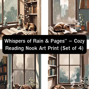 Whispers of Rain & Pages&quot; – Cozy Reading Nook Art Print (Set of 4)