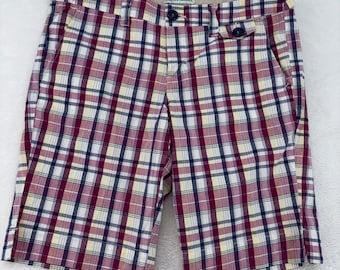 Z. Cavaricci Womens Plaid Shorts Size 12 Burgundy Navy Yellow 9E-S8080 Y2K