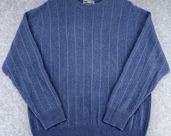 Mendocino Mens Blue 100% Cashmere 2 Ply Cable Knit Crewneck Sweater Large