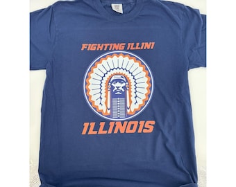 Comfort Colors Fighting Illini Illinois T-Shirt Mens Large Blue Chief Logo Tee