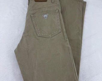 Vintage Guess Jeans USA Tan Khaki Denim High Waisted Tapered Pant 30x34 Made USA