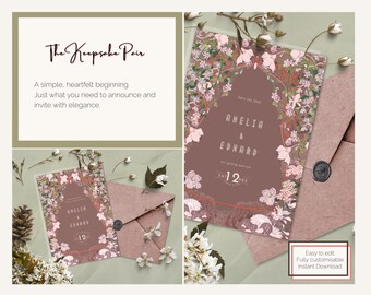May include: A wedding invitation suite featuring a floral design with the names Amelia & Edward and the date December 12. The suite includes an invitation, envelope, and wax seal, with the text "The Keepsake Pair".