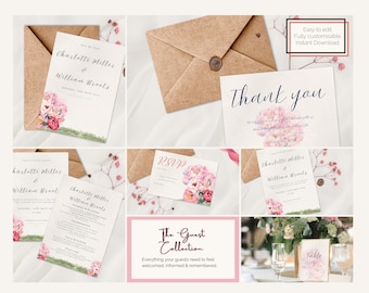 Floral Wedding Invitation Suite, Editable Canva Templates (Digital Download)