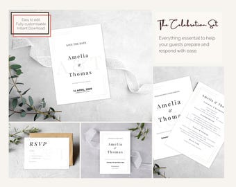 Monotone Wedding Invitation Suite: Editable Canva Templates (Digital Download)