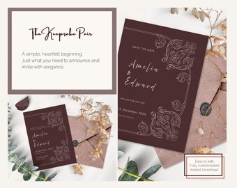May include: A wedding invitation suite featuring a burgundy card with ornate white floral designs. The text reads "Amelia & Edward" and "Save the Date". The suite includes an envelope and additional stationery with the text "The Keepsake Pair".