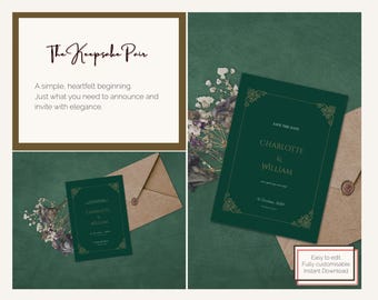 May include: Dark green wedding invitation with gold decorative elements. The text reads "CHARLOTTE & WILLIAM" and "SAVE THE DATE". Includes a matching envelope and the text "The Keepsake Pair".