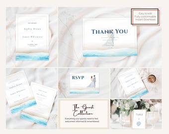 Può includere: Una collezione di partecipazioni di nozze a tema spiaggia. Include inviti, biglietti di ringraziamento e biglietti RSVP. I disegni presentano illustrazioni ad acquerello di una scena di spiaggia con colori blu e bianco. Il testo include "Sophia Brown", "James Whitmore" e "Thank You".