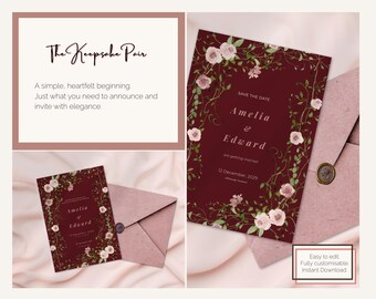 May include: Burgundy wedding invitation with floral accents. The invitation features the names "Amelia & Edward" and the date "12 December, 2029". The text "The Keepsake Pair" is also visible. Includes an envelope with a wax seal.