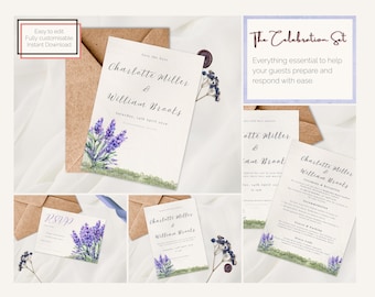 Lavender Floral Wedding Invitation Suite, Canva Template (Digital Download)