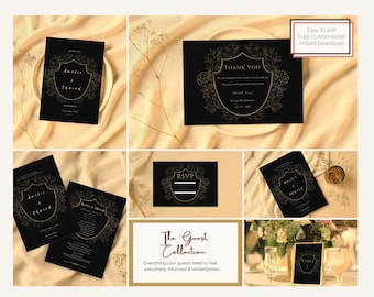 May include: A collection of black and gold wedding stationery, including invitations, thank you cards, and RSVP cards. The designs feature elegant floral crests and the text "Amelia & Edward" and "Thank You". The phrase "Easy to edit, Fully customisable, Instant Download" is also visible.