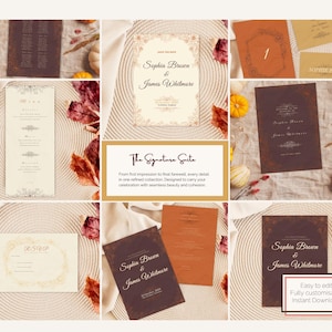 Può includere: Un collage di cancelleria per matrimoni, tra cui inviti, menu e biglietti di RSVP. I design presentano caratteri eleganti e accenti floreali nei toni del marrone, crema e arancione. Zucca e fogliame autunnale aggiungono un tocco stagionale.