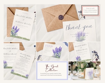 Lavender Floral Wedding Invitation Suite, Canva Template (Digital Download)