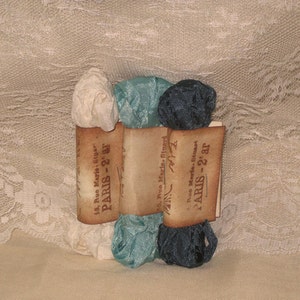 Scrunched Seam Binding ribbon, Crinkled Seam Binding Package  Cream Tourquoise ECS