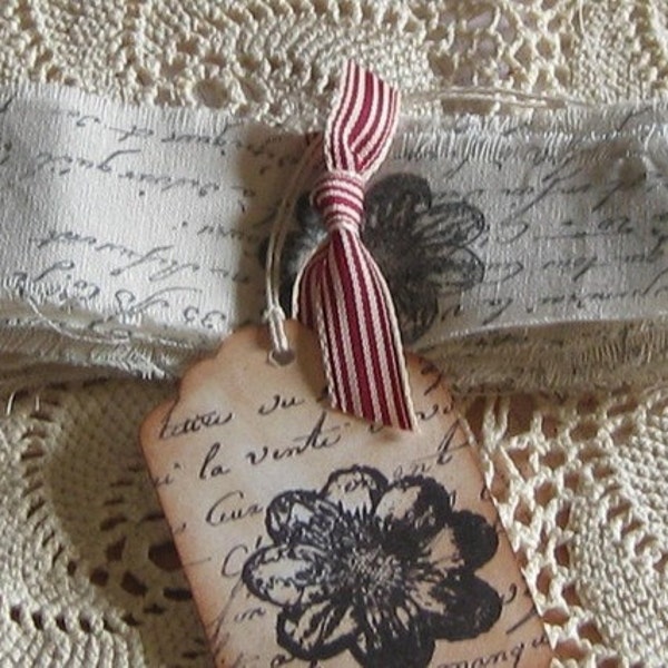 Handmade Vintage Muslin Ribbon with French Script and Flower