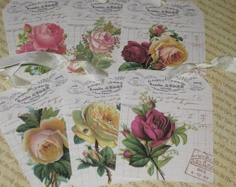 Vintage Gift Tags on Old French Journal Page Ooh La La Hang Tags with Vintage Roses