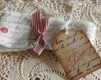 Hand Cut, Fringed and Stamped Vintag Muslin Ribbon with French Script and Love