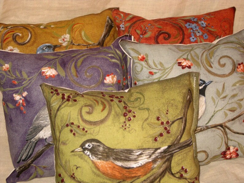 Shabby Chic Fun Throw Pillow with Bird Motif French Market Design Floral Handmade Pillow Vintage Orange image 3