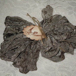 Scrunched Seam Binding ribbon, 10 Yards Tea Stained Seam Binding, Crinkled Tea Stained Antique Grey Seam Binding